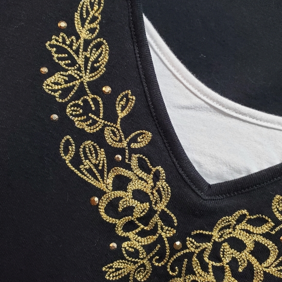 Basic Editions Black & Gold 3/4 Sleeve T-Shirt Top - Picture 5 of 11